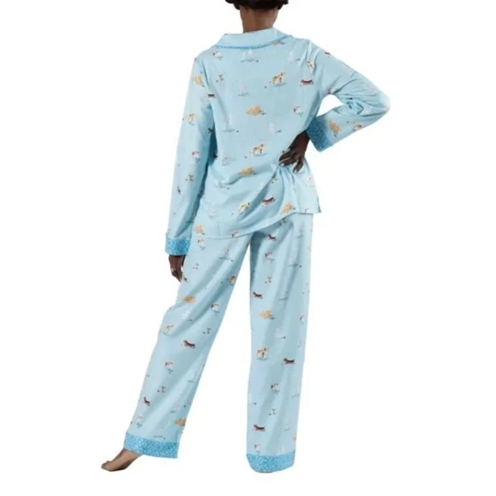 NWT Munki Munki Womens Blue Dogs‎ Notch Flannel Pajama Set XXL  Classic Cozy